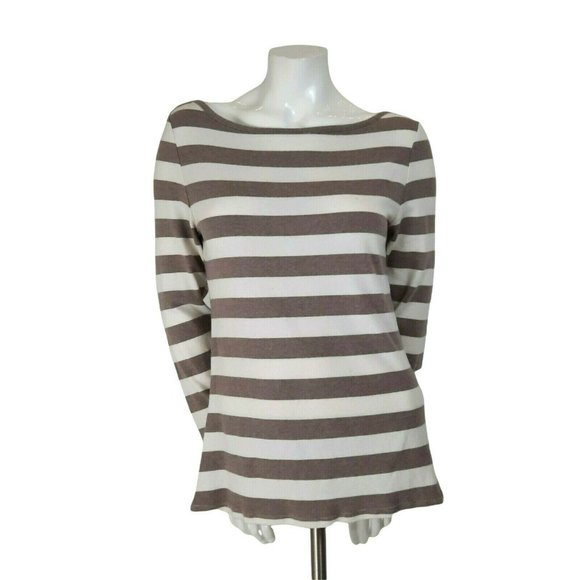 Old Navy Tan & Ivory Long Sleeve Striped Boat Neck Cozy Modal Blend Top - Picture 2 of 6
